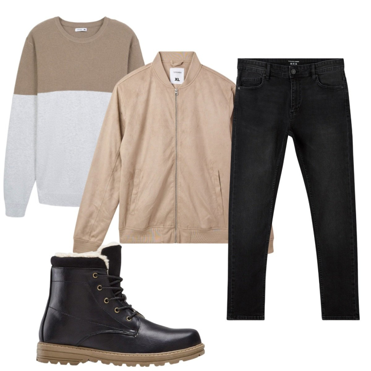 Outfit uomo - Total look #2493593. Stile Casual per Tutti i giorni. Abbinamento con jeans skinny, bomber, maglieria, stivali e stivaletti.