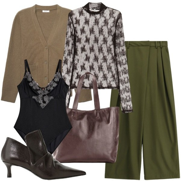 Outfit donna - Inverno. Stile Basic per Ufficio. Abbinamento con t-shirt, stivaletti, pantaloni a palazzo, cardigans, shopping bag, body.