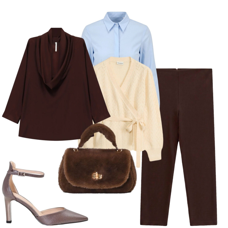 Outfit donna - In ufficio. Stile Casual chic per Ufficio. Abbinamento con bluse, pantaloni skinny, borse a mano, décolleté, camicie, maglieria.