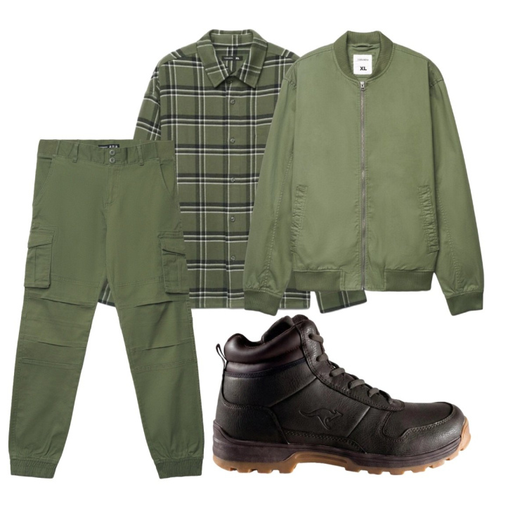Outfit uomo - Total look #2493597. Stile Casual per Tutti i giorni. Abbinamento con bomber, pantaloni cargo, camicie, stivali e stivaletti.
