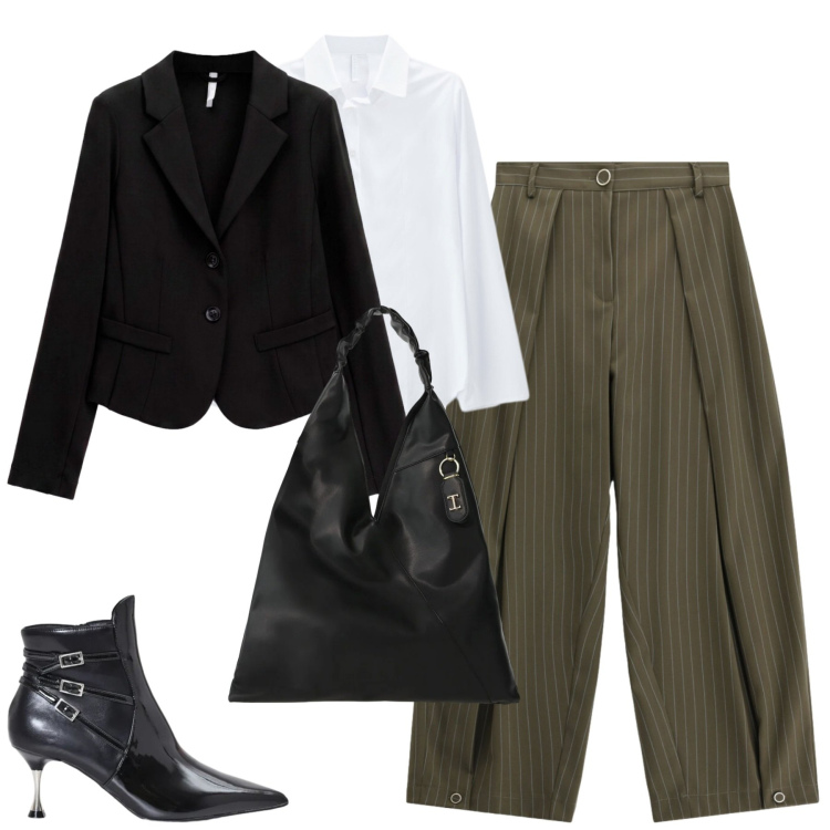 Outfit donna - Ottobre. Stile Urban per Tutti i giorni. Abbinamento con pantaloni a palazzo, borse a spalla, blazer, camicie, stivaletti.