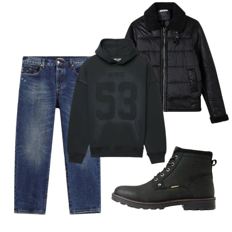 Outfit uomo - Total look #2493602. Stile Urban per Tutti i giorni. Abbinamento con jeans dritti, felpe con cappuccio, piumini, stivali e stivaletti.