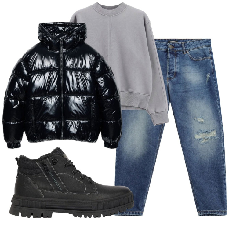 Outfit uomo - Total look #2493603. Stile Urban per Tutti i giorni. Abbinamento con jeans strappati, felpe, piumini, stivali e stivaletti.