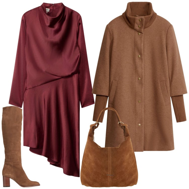 Outfit donna - L'abito morbido ed il cappottino. Stile Chic per Serata fuori. Abbinamento con borse a spalla, stivali, vestiti midi/longuette, cappotti.