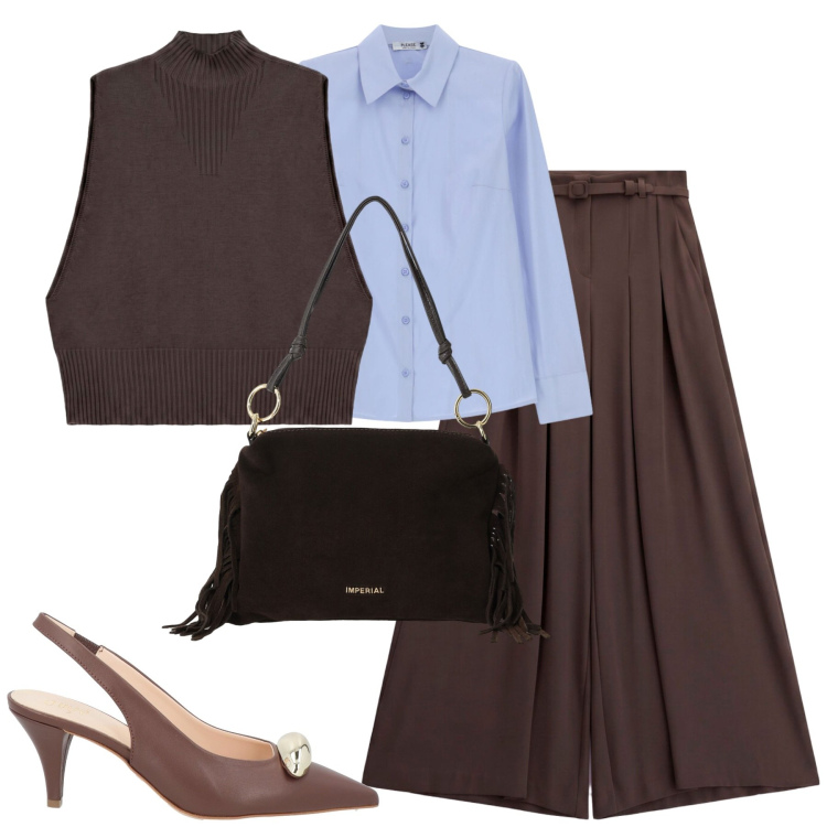 Outfit donna - City. Stile Urban per Tutti i giorni. Abbinamento con borse a spalla, pantaloni a palazzo, gilet, camicie, décolleté.