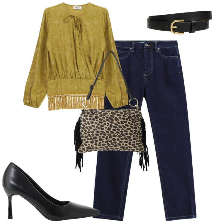Outfit donna - Ottobre. Stile Casual chic per Tutti i giorni. Abbinamento con décolleté, borse a spalla, jeans slim fit, bluse, cinture.