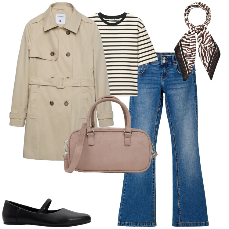 Outfit donna - Parisienne. Stile Casual chic per Tutti i giorni. Abbinamento con trench, foulard, jeans a zampa, t-shirt, borse a tracolla, ballerine.