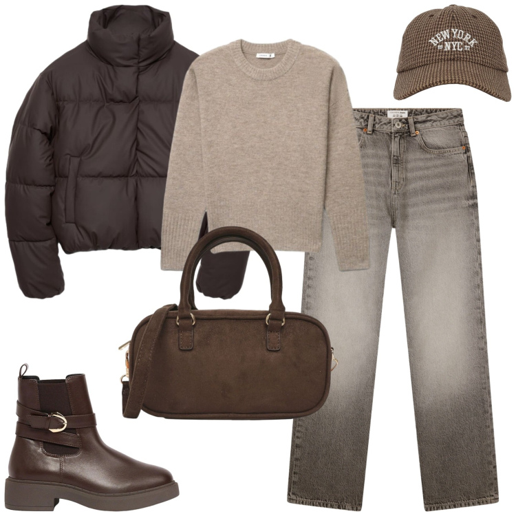 Outfit donna - Ottobre. Stile Casual chic per Tutti i giorni. Abbinamento con jeans dritti, borse a tracolla, cappelli con visiera, maglieria, piumini, stivaletti.
