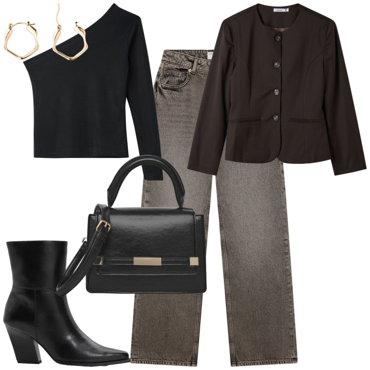 Outfit donna - Ortona. Stile Casual chic per Tutti i giorni. Abbinamento con jeans, t-shirt, borse a tracolla, blazer, orecchini, stivaletti.