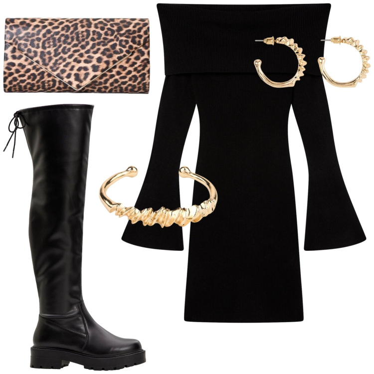 Outfit donna - Serata. Stile Sexy per Serata fuori. Abbinamento con pochette, vestiti corti, stivali sopra il ginocchio, braccialetti, orecchini.