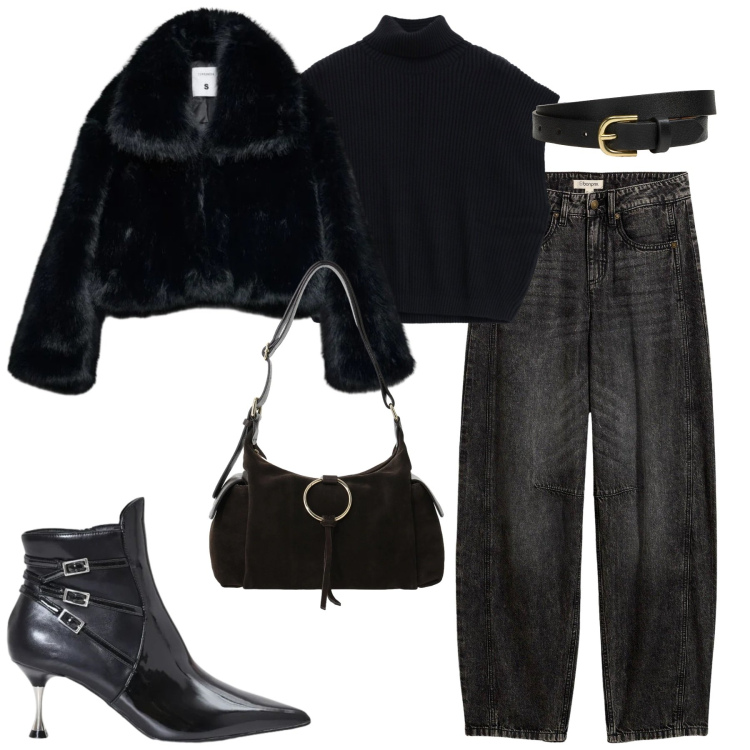 Outfit donna - City. Stile Urban per Tutti i giorni. Abbinamento con borse a spalla, maglieria, stivaletti, blazer, jeans, cinture.