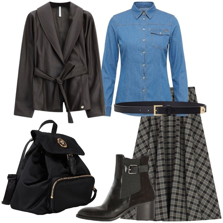 Outfit donna - Weekend Out of Town. Stile Trendy per Serata fuori. Abbinamento con camicie, stivaletti, gonne lunghe, blazer, cinture, zaini.