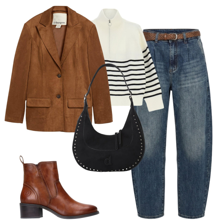 Outfit donna - Weekend in campagna. Stile Casual chic per Tutti i giorni. Abbinamento con maglieria, borse a spalla, jeans, blazer, stivaletti.