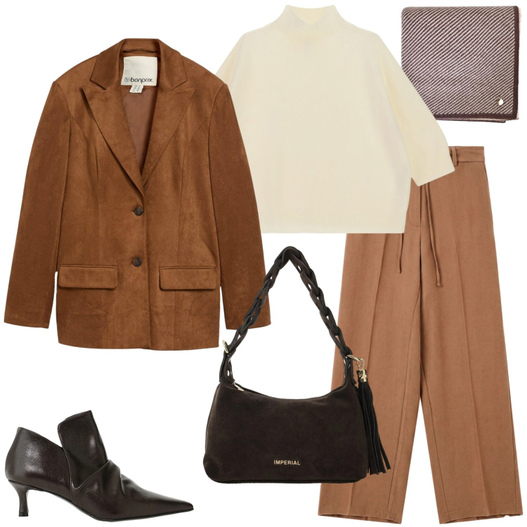 Outfit donna - Sfumature ruggine e cammello. Stile Urban per Ufficio. Abbinamento con borse a spalla, pantaloni a palazzo, maglieria, stivaletti, sciarpe, blazer.