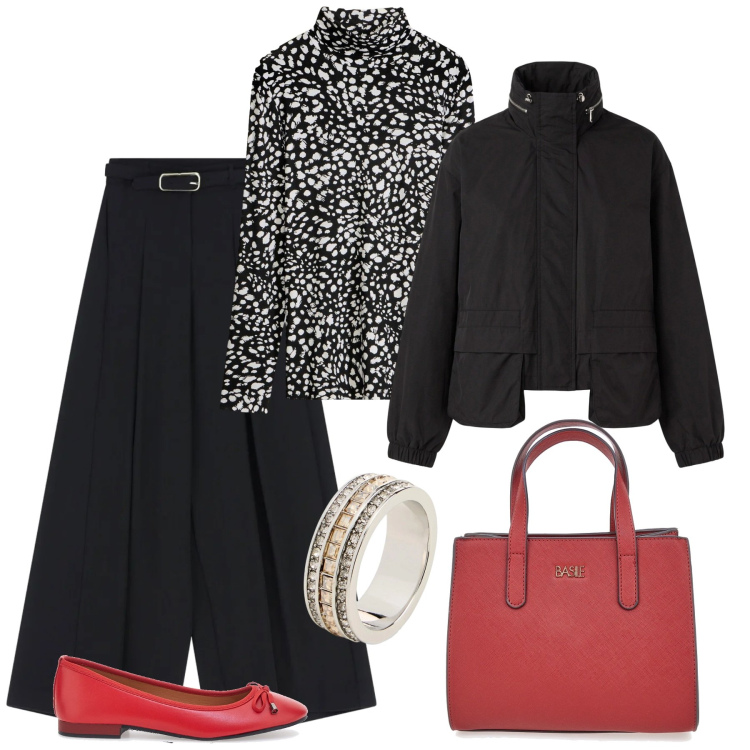 Outfit donna - Dettagli. Stile Casual chic per Serata fuori. Abbinamento con anelli, t-shirt, pantaloni a palazzo, bomber, borse a tracolla, ballerine.