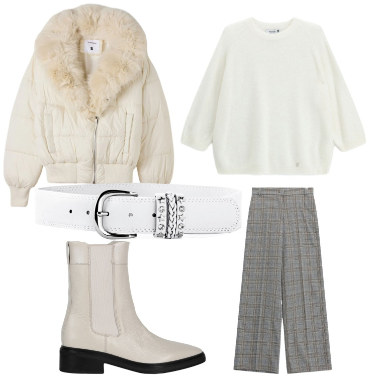 Outfit donna - Il giaccone Terranova. Stile Basic per Tutti i giorni. Abbinamento con pantaloni a palazzo, maglieria, stivaletti chelsea, bomber, cinture.