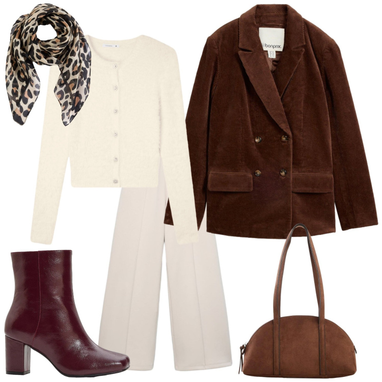 Outfit donna - Sfumature calde. Stile Urban per Ufficio. Abbinamento con cardigans, pantaloni, blazer, stivaletti, borse a tracolla, foulard.