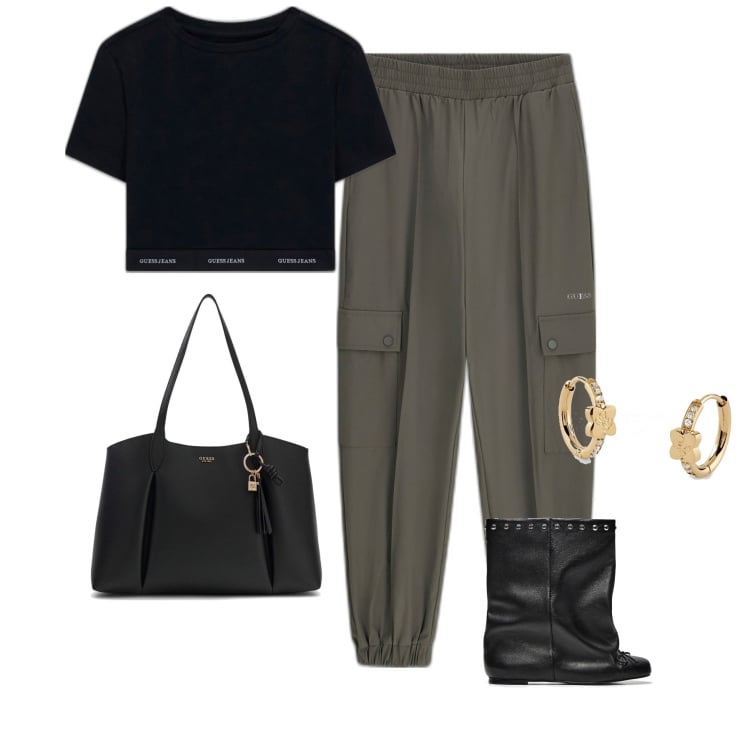 Outfit mujer - Casual #10219. Estilo Casual para Todos los días. Combinación con pantalones cargo, botas, pendientes, top, bolso tote.