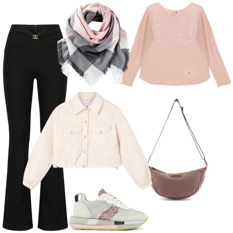 Outfit donna - Rosa e nero. Stile Casual per Tutti i giorni. Abbinamento con maglieria, pantaloni, giacche, sneakers, foulard, borse a tracolla.