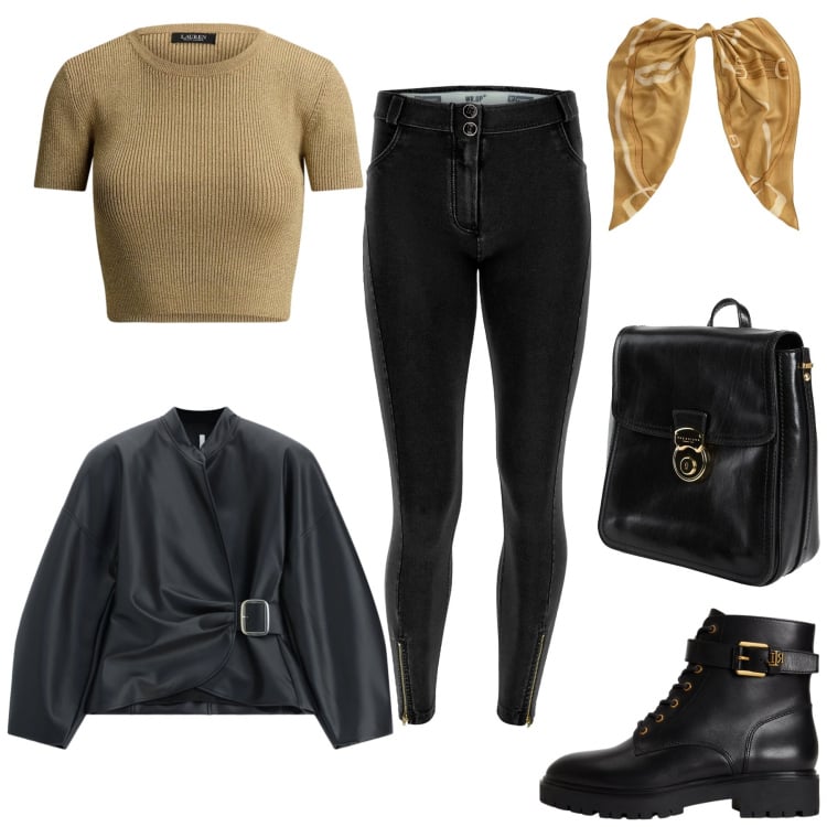 Outfit donna - Weekend Out of Town. Stile Rock per Serata fuori. Abbinamento con blazer, jeggings, anfibi, t-shirt, foulard, zaini.