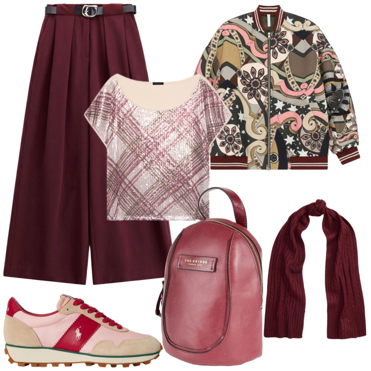 Outfit donna - Fuori città a colori. Stile Casual per Serata fuori. Abbinamento con pantaloni a palazzo, bomber, t-shirt, sneakers, sciarpe, zaini.