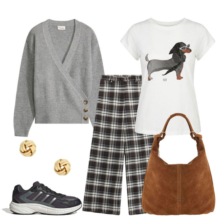 Outfit donna - Total look #2493660. Stile Casual chic per Tutti i giorni. Abbinamento con borse a spalla, pantaloni a palazzo, orecchini, t-shirt, maglieria, sneakers.