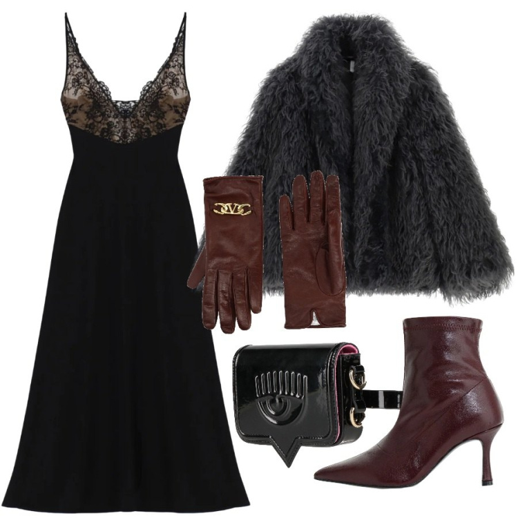 Outfit donna - Sensuale e trendy. Stile Trendy per Serata fuori. Abbinamento con vestiti lunghi, blazer, stivaletti, marsupi, guanti.