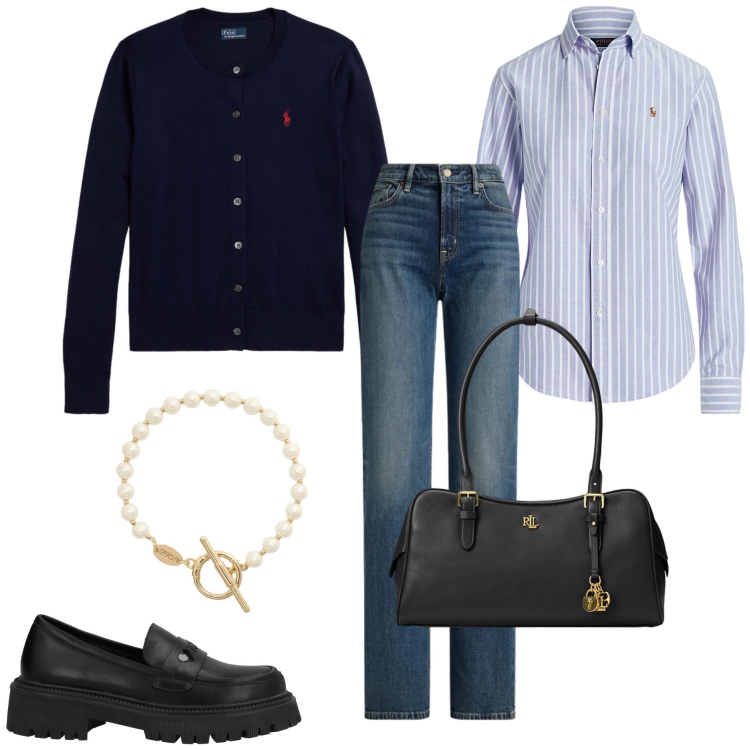 Outfit donna - Total look #2493664. Stile Chic per Tutti i giorni. Abbinamento con camicie, borse a mano, cardigans, jeans dritti, braccialetti, mocassini.