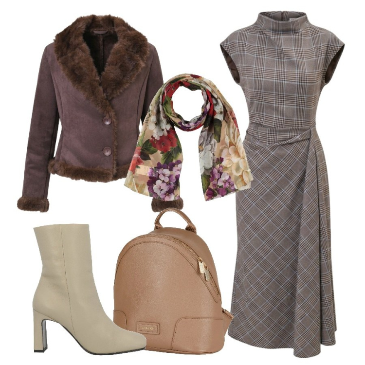 Outfit donna - L'abito per l'ufficio. Stile Casual chic per Ufficio. Abbinamento con vestiti asimmetrici, blazer, zaini, sciarpe, stivaletti.
