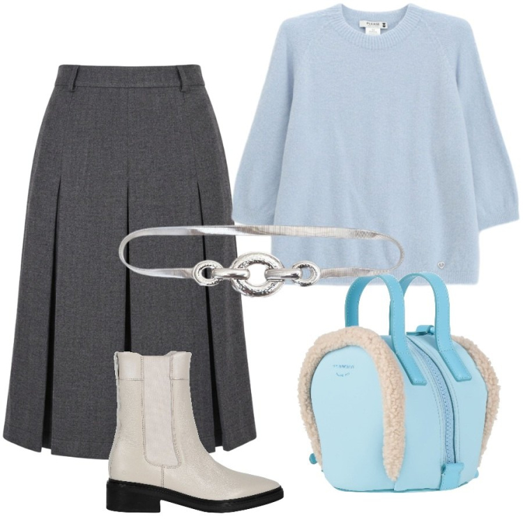 Outfit donna - Cielo e nuvole. Stile Romantica per Ufficio. Abbinamento con maglieria, cinture, gonne longuette, zaini, stivaletti chelsea.