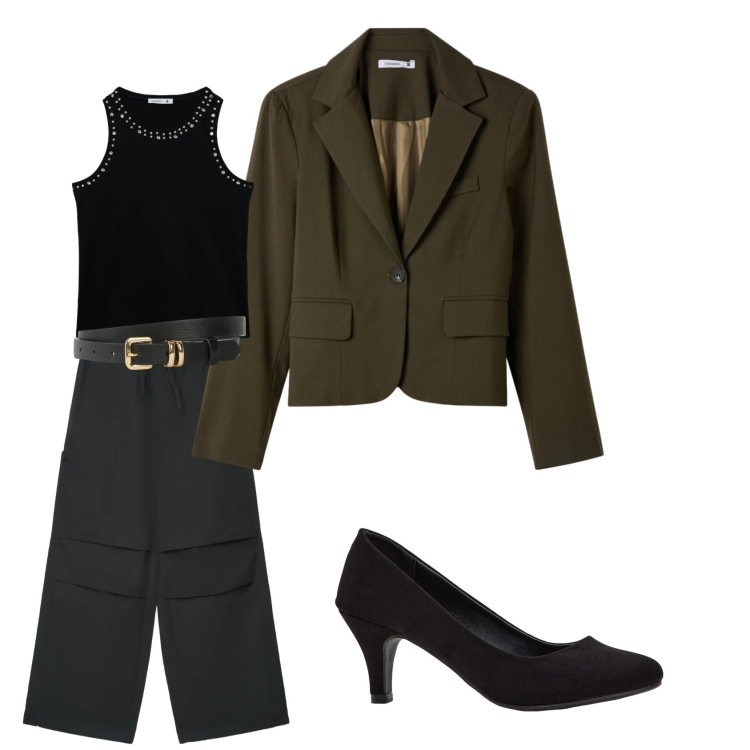Outfit donna - Total look #2493678. Stile Urban per Serata fuori. Abbinamento con canottiere, pantaloni cargo, blazer, décolleté, cinture.