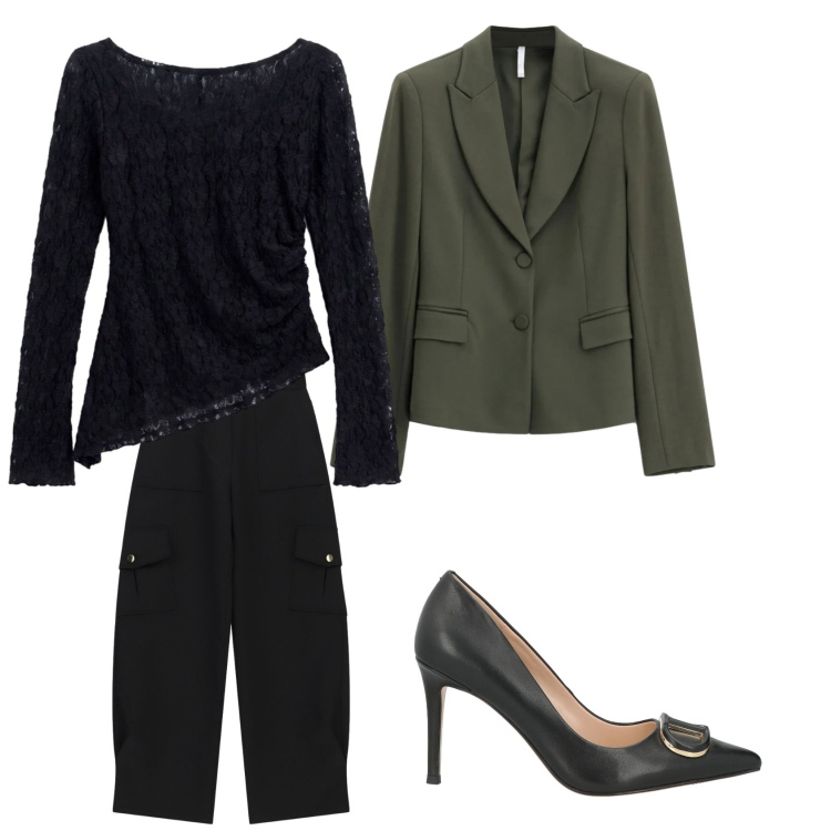 Outfit donna - Total look #2493680. Stile Urban per Serata fuori. Abbinamento con t-shirt, blazer, pantaloni cargo, décolleté.