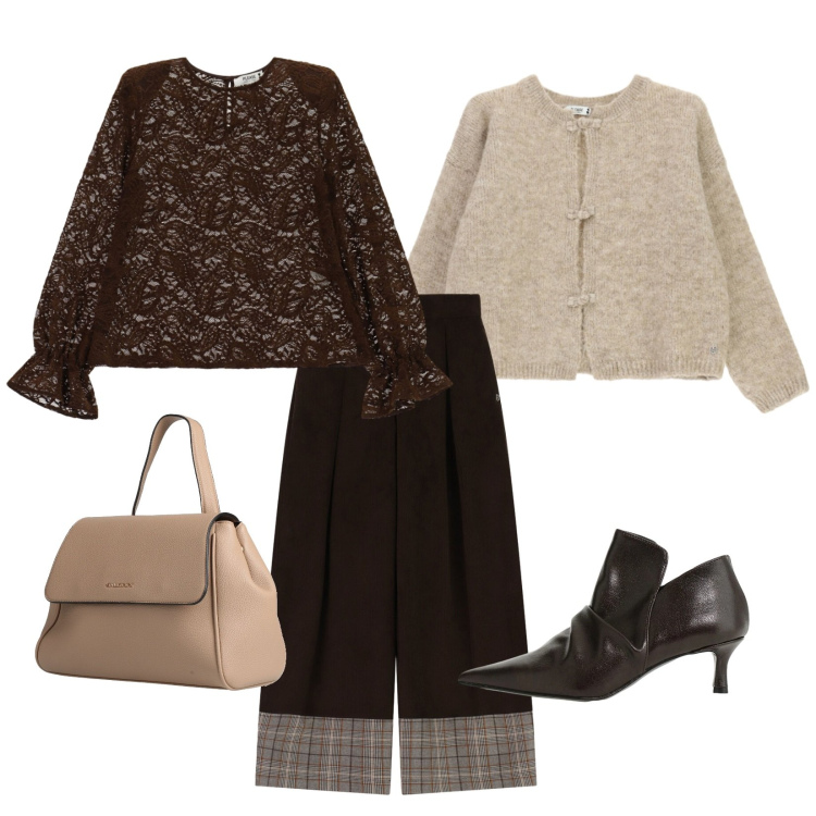 Outfit donna - Impeccabile. Stile Bon Ton per Ufficio. Abbinamento con stivaletti, pantaloni a palazzo, bluse, cardigans, zaini.