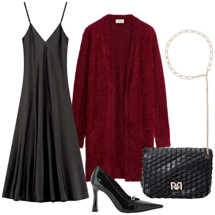 Outfit donna - Cena romantica d'autunno. Stile Romantica per Serata fuori. Abbinamento con décolleté, vestiti lunghi, borse a tracolla, cinture, cardigans.