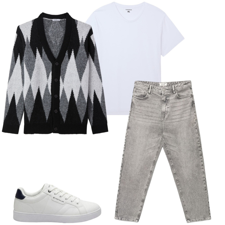 Outfit uomo - Con il cardigan. Stile Casual per Tutti i giorni. Abbinamento con t-shirt, cardigans, jeans, sneakers.