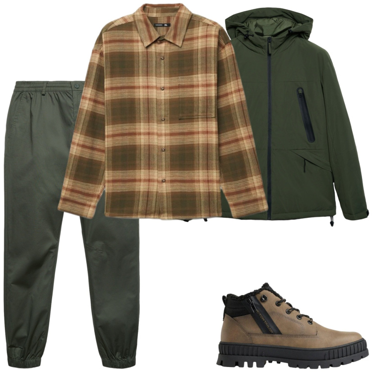 Outfit uomo - Nel bosco. Stile Casual per Sport. Abbinamento con giacche, pantaloni, camicie, stivali e stivaletti.