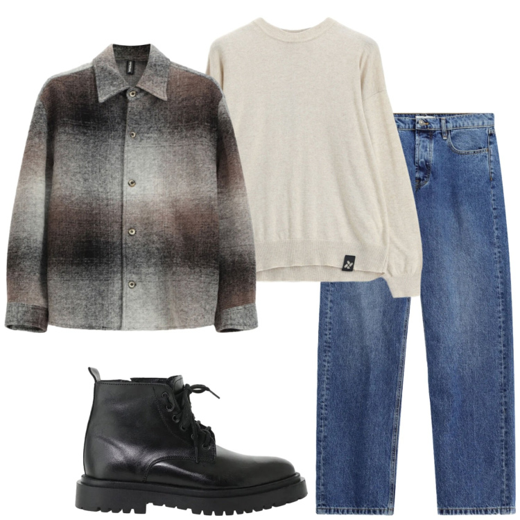 Outfit uomo - Warm. Stile Casual per Tutti i giorni. Abbinamento con cappotti, jeans, maglieria, anfibi.