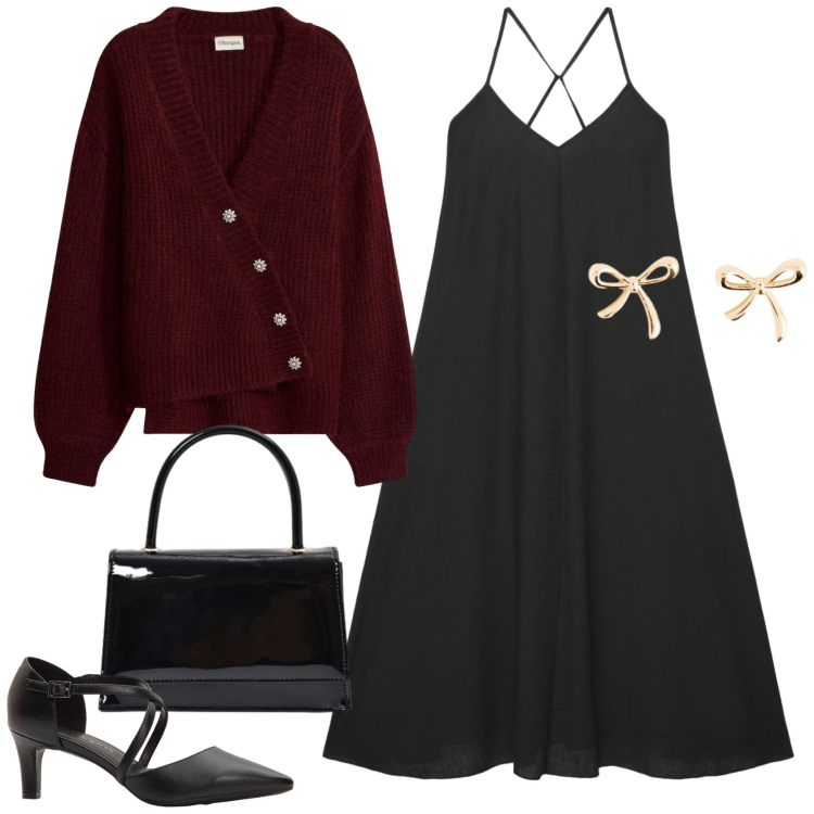 Outfit donna - Cena romantica d'autunno. Stile Romantica per Serata fuori. Abbinamento con borse a mano, vestiti lunghi, orecchini, décolleté, cardigans.