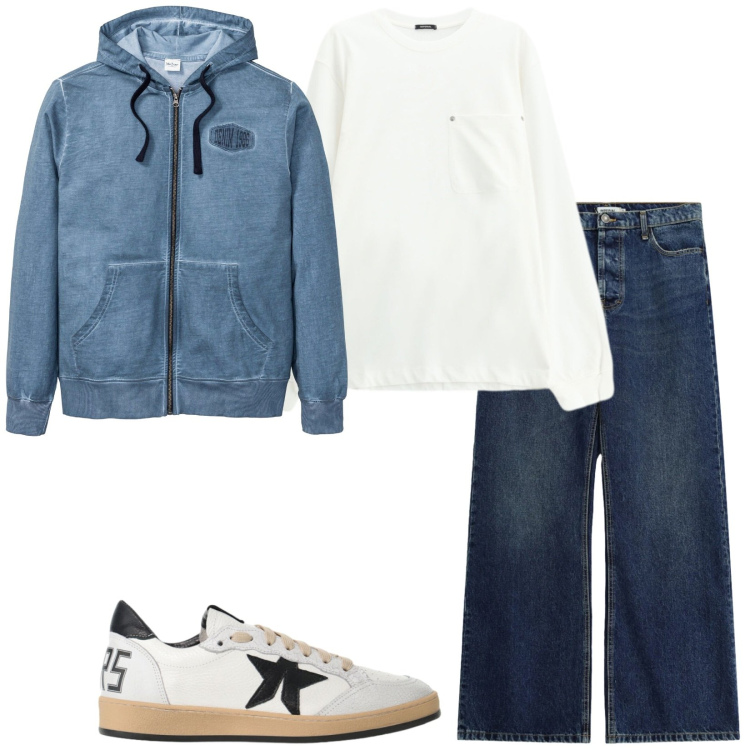 Outfit uomo - Felpa e jeans per la scuola. Stile Casual per Tutti i giorni. Abbinamento con jeans, sneakers, t-shirt, felpe con cappuccio.