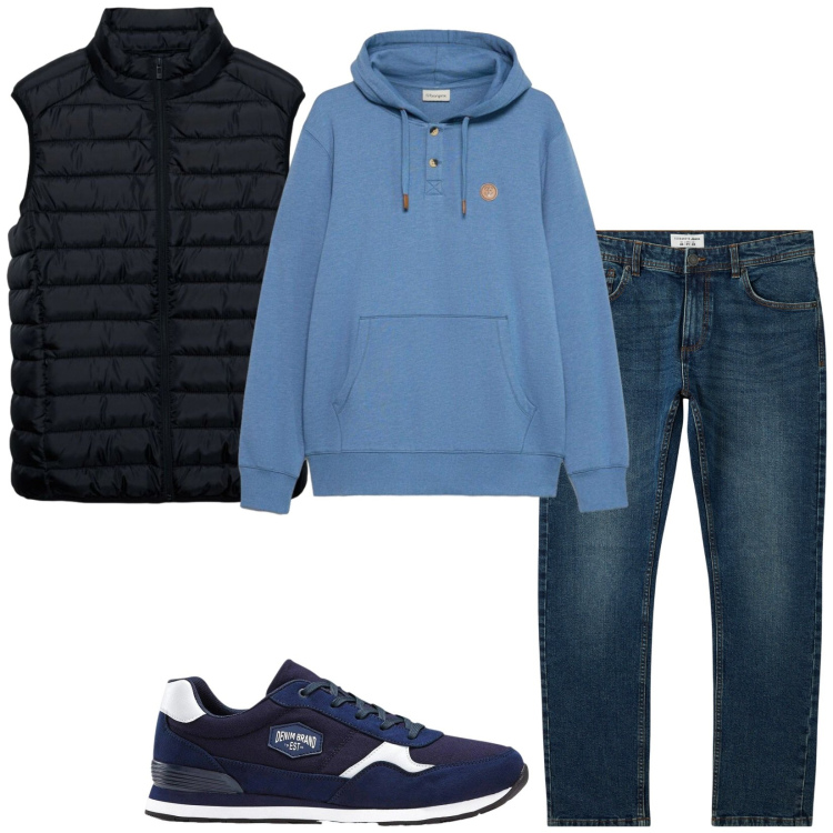 Outfit uomo - Autumn vibes. Stile Casual per Tutti i giorni. Abbinamento con jeans, piumini, sneakers, felpe con cappuccio.