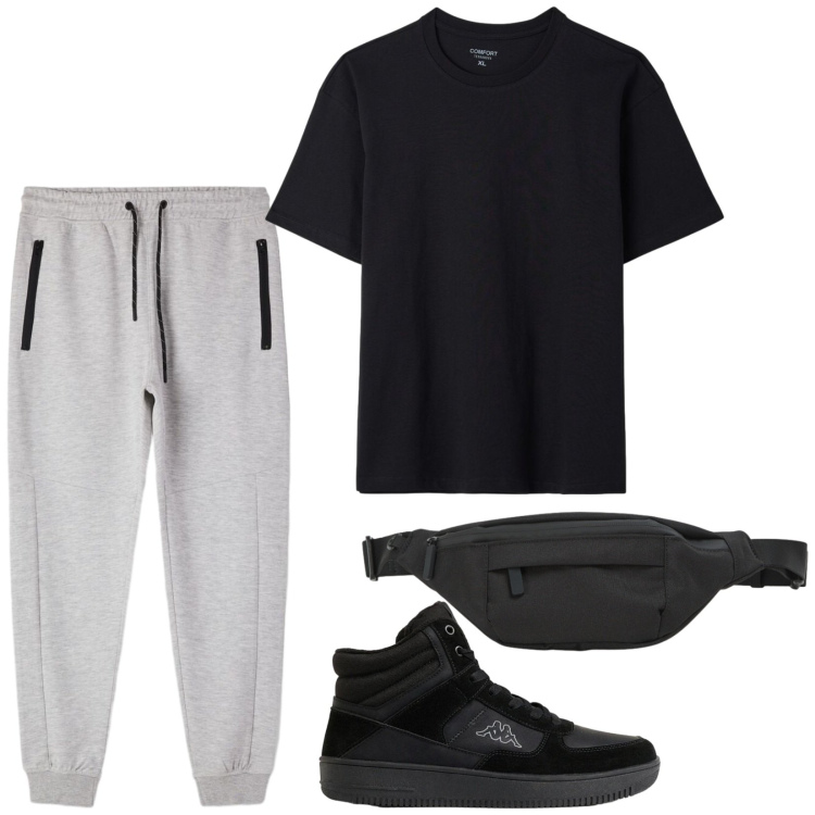 Outfit uomo - In palestra. Stile Casual per Sport. Abbinamento con t-shirt, pantaloni, borse sportive, sneakers alte.