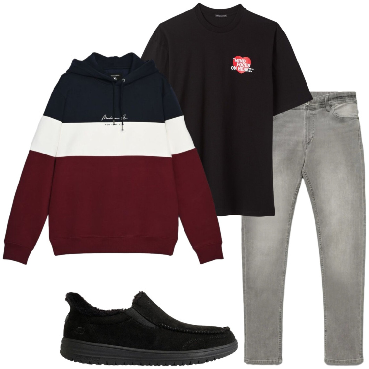 Outfit uomo - Ok cosi. Stile Casual per Tutti i giorni. Abbinamento con jeans skinny, felpe con cappuccio, t-shirt, sneakers.