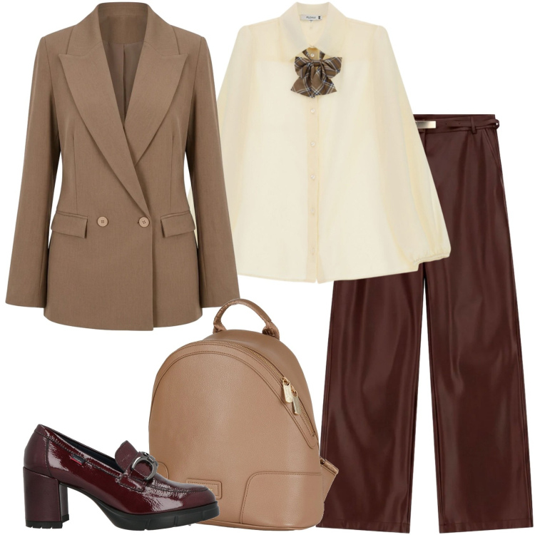 Outfit donna - Sfumature ruggine e cammello. Stile Mannish per Ufficio. Abbinamento con pantaloni, camicie, blazer, zaini, mocassini.