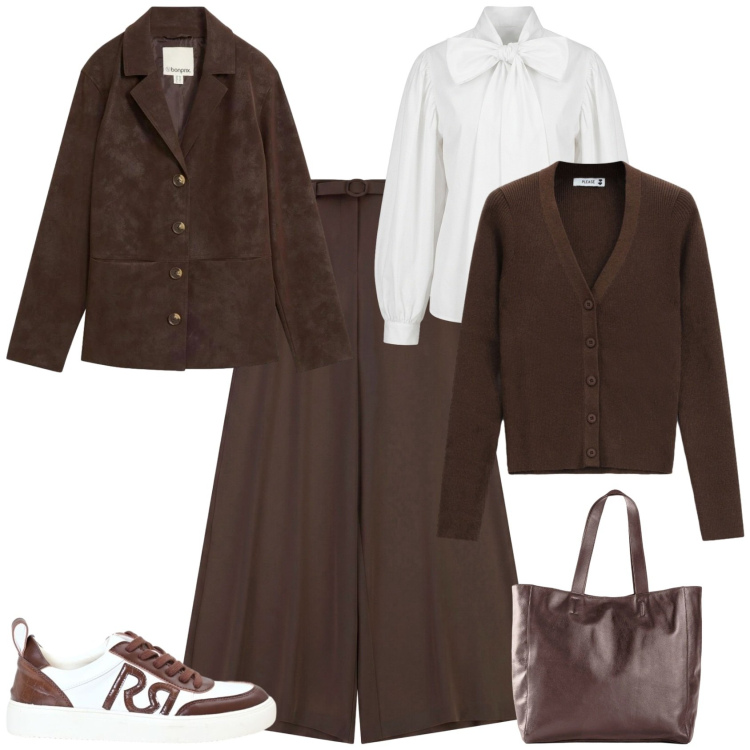 Outfit donna - Casual chic ufficio tempo libero. Stile Casual chic per Ufficio. Abbinamento con pantaloni a palazzo, cardigans, sneakers, camicie, shopping bag, blazer.