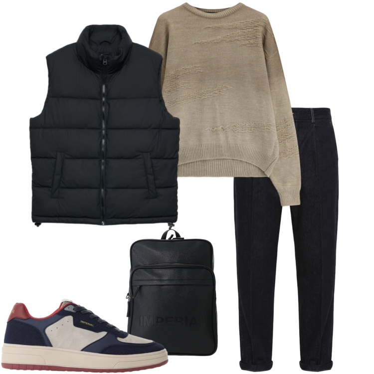 Outfit uomo - Weekend fuori porta. Stile Urban per Tutti i giorni. Abbinamento con maglieria, sneakers, borse sportive, jeans, piumini.