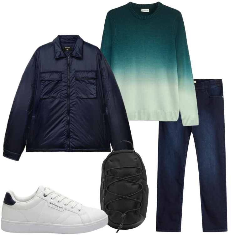 Outfit uomo - Weekend fuori porta. Stile Urban per Tutti i giorni. Abbinamento con borse sportive, cappotti, sneakers, jeans slim fit, maglieria.