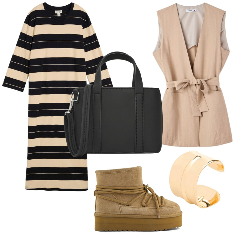 Outfit donna - Abito in maglina. Stile Trendy per Tutti i giorni. Abbinamento con gilet, borse a tracolla, vestiti, stivaletti, braccialetti.