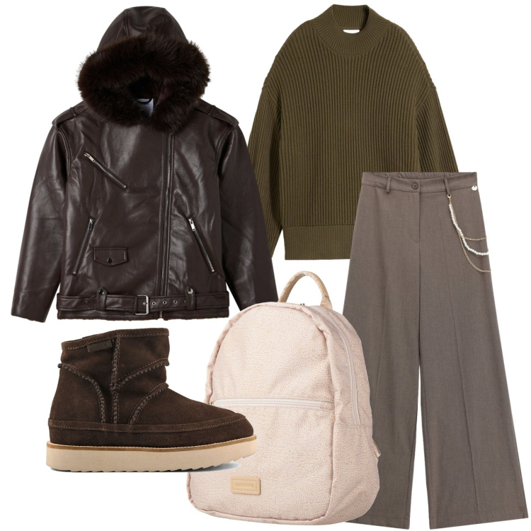 Outfit donna - Chiodo coffee. Stile Casual per Scuola/Università. Abbinamento con pantaloni a palazzo, zaini, giacche, pullovers, stivaletti.