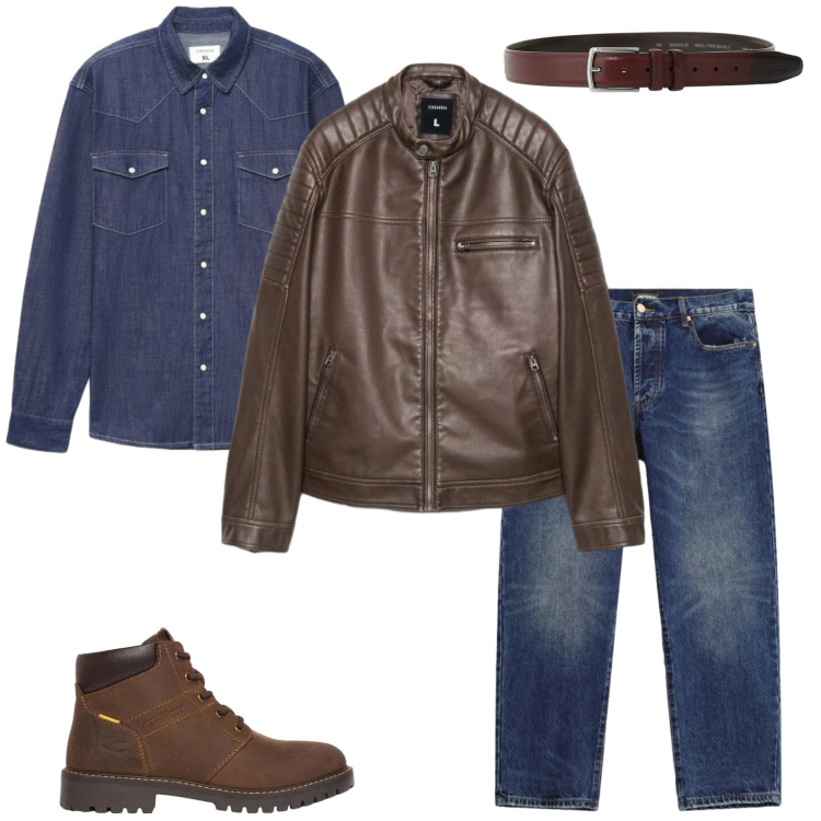 Outfit uomo - Denim e leather. Stile Urban per Tutti i giorni. Abbinamento con cinture, jeans dritti, camicie, giacche, stivali e stivaletti.