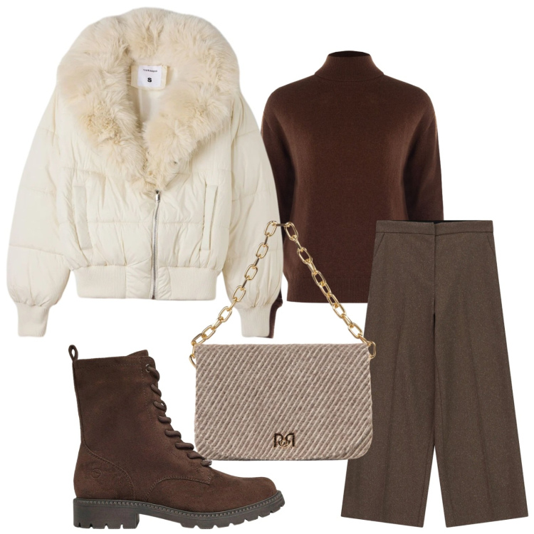 Outfit donna - Bomber imbottito. Stile Trendy per Scuola/Università. Abbinamento con pantaloni a palazzo, pullovers, borse a spalla, bomber, anfibi.